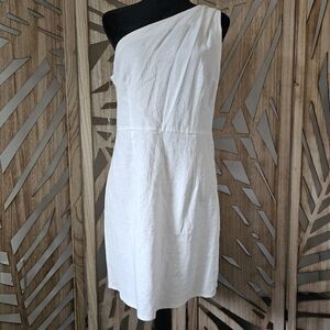 One shoulder white linen-blend dress